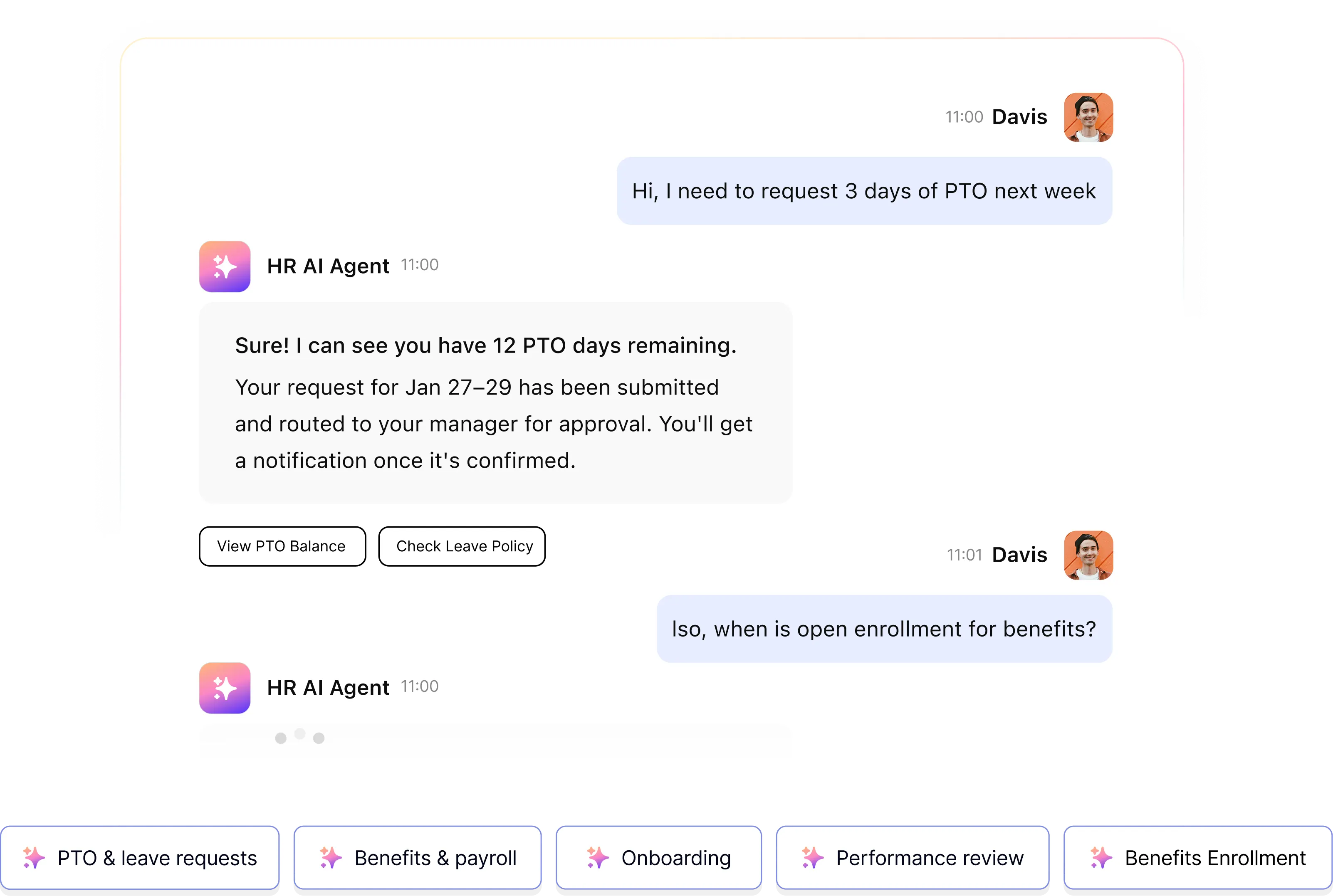 Workday chatbot in Slack — employee checking live PTO balance without logging into Workday