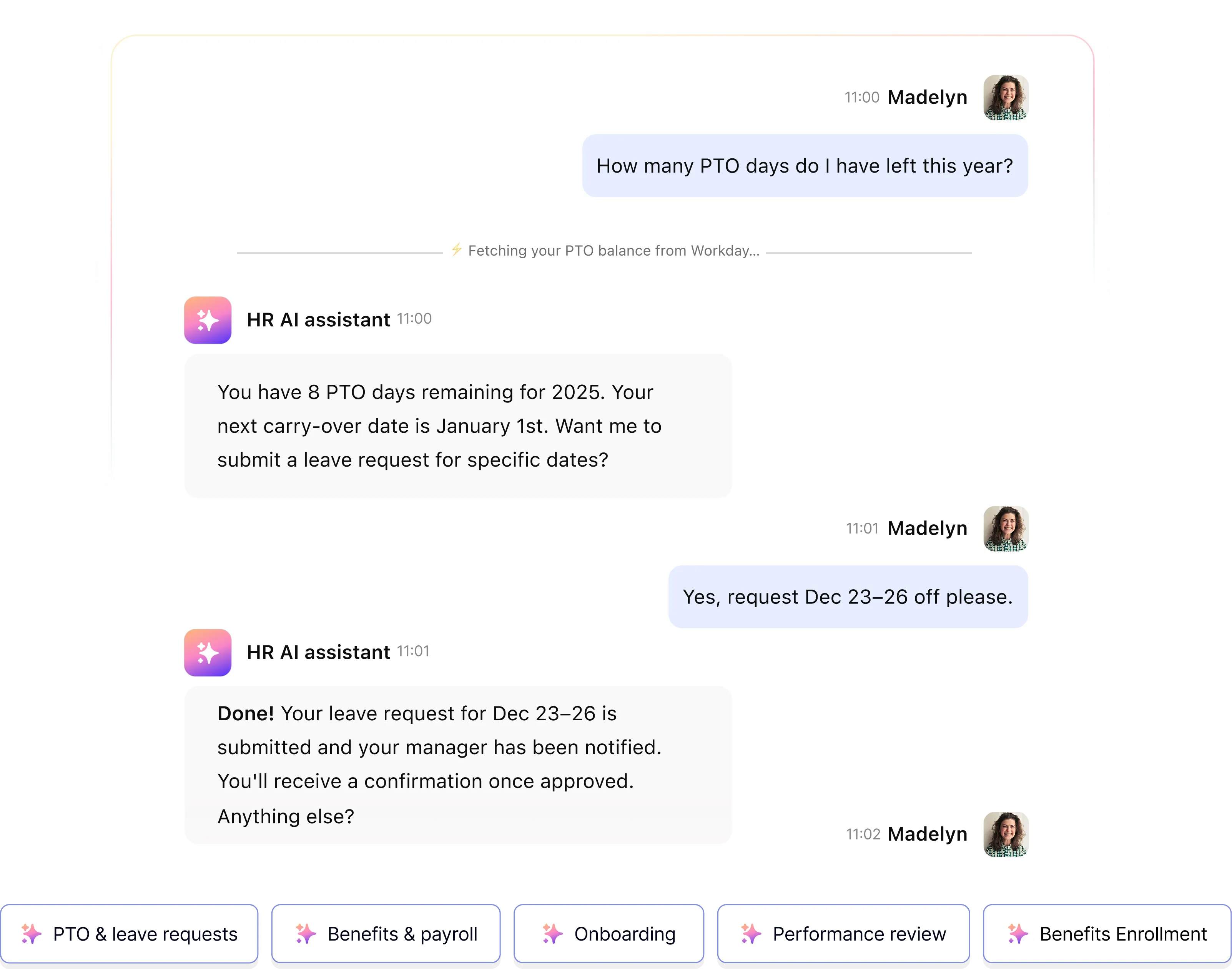 Workativ HR AI assistant interface employee self-service and HR strategic leverage in Slack and Teams