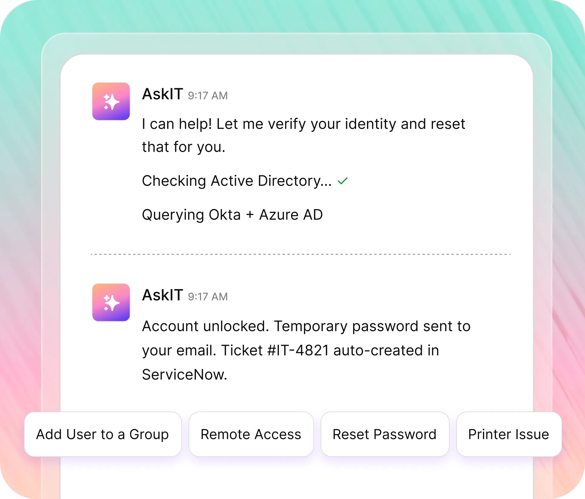 Workativ AI agent resolving IT support tickets password reset and access requests automated